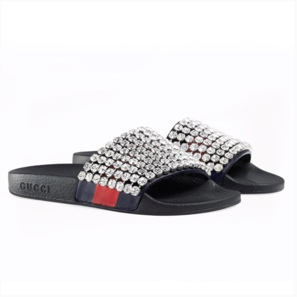 Gucci Crystal Embellished Web Slide Sandals Calfskin Leather and Rubber NEW